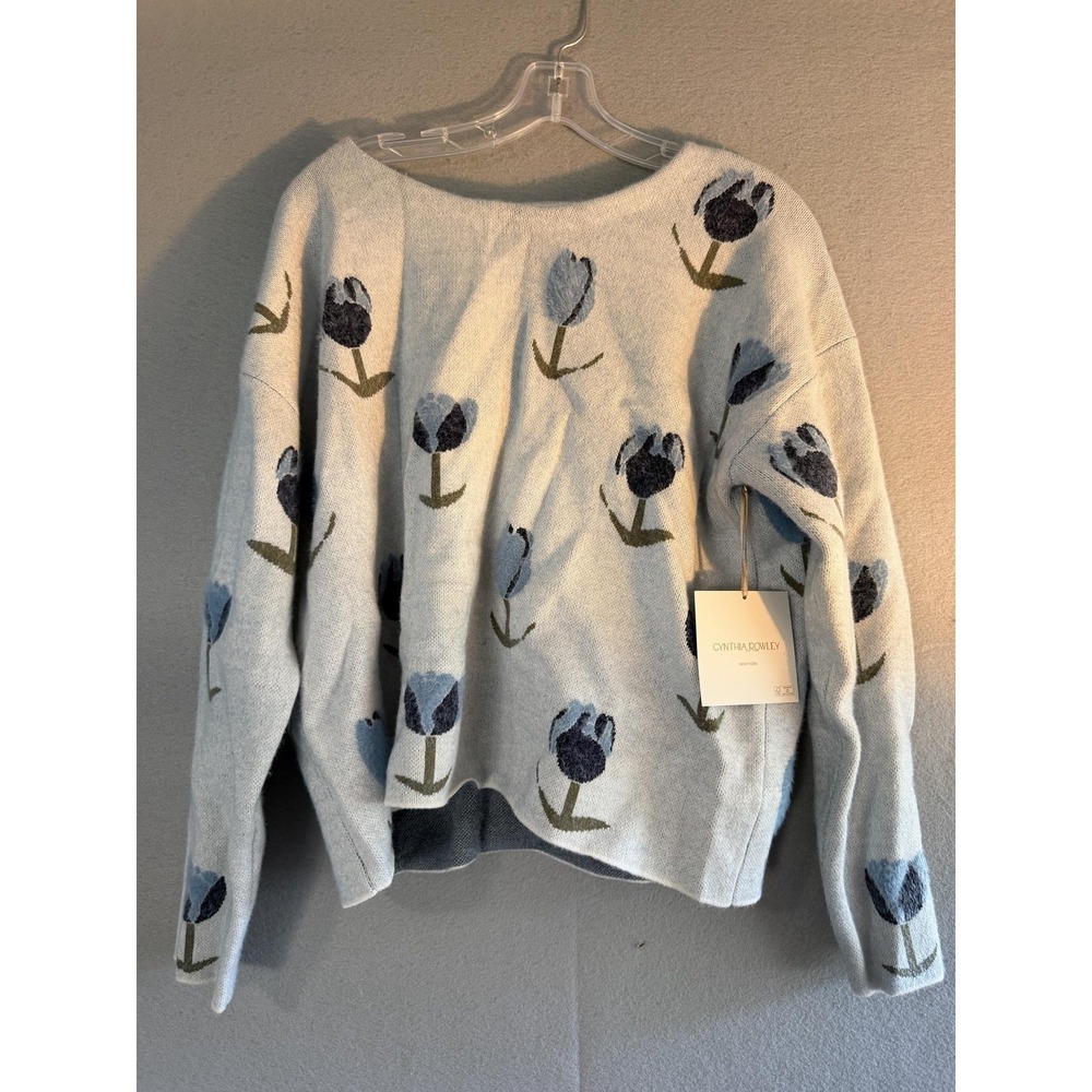 Cynthia Rowley Sweater Womens XL Gray Tulip Floral Knit Boat Neck Pullover